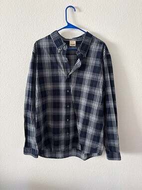 Baldwin Men's Navy Blue and Grey Plaid Long Sleeve Button Down Shirt